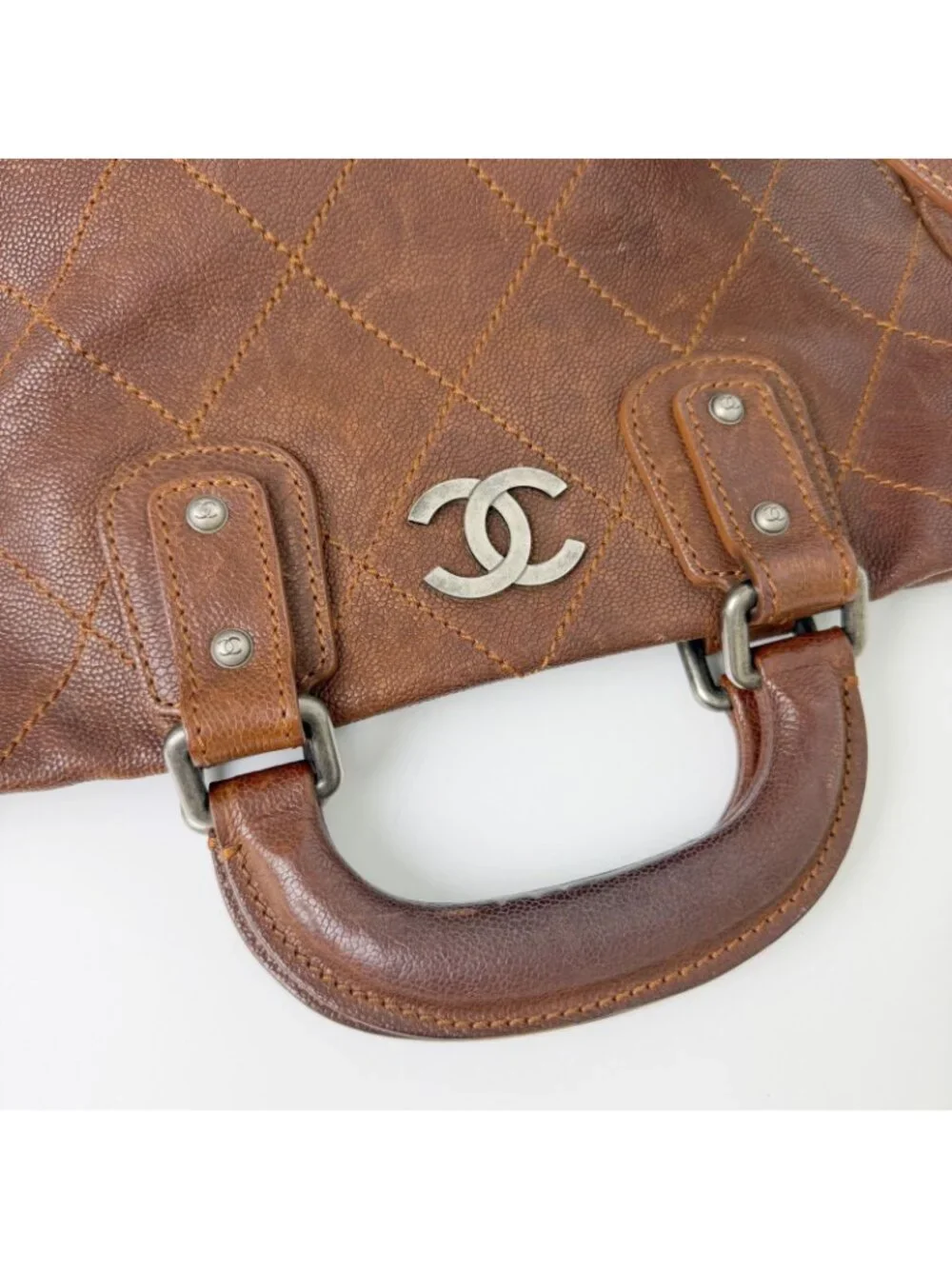 Chanel CC Logo Quilted 2-Way Shoulder Bag Leather Brown Silver Seal Vintage